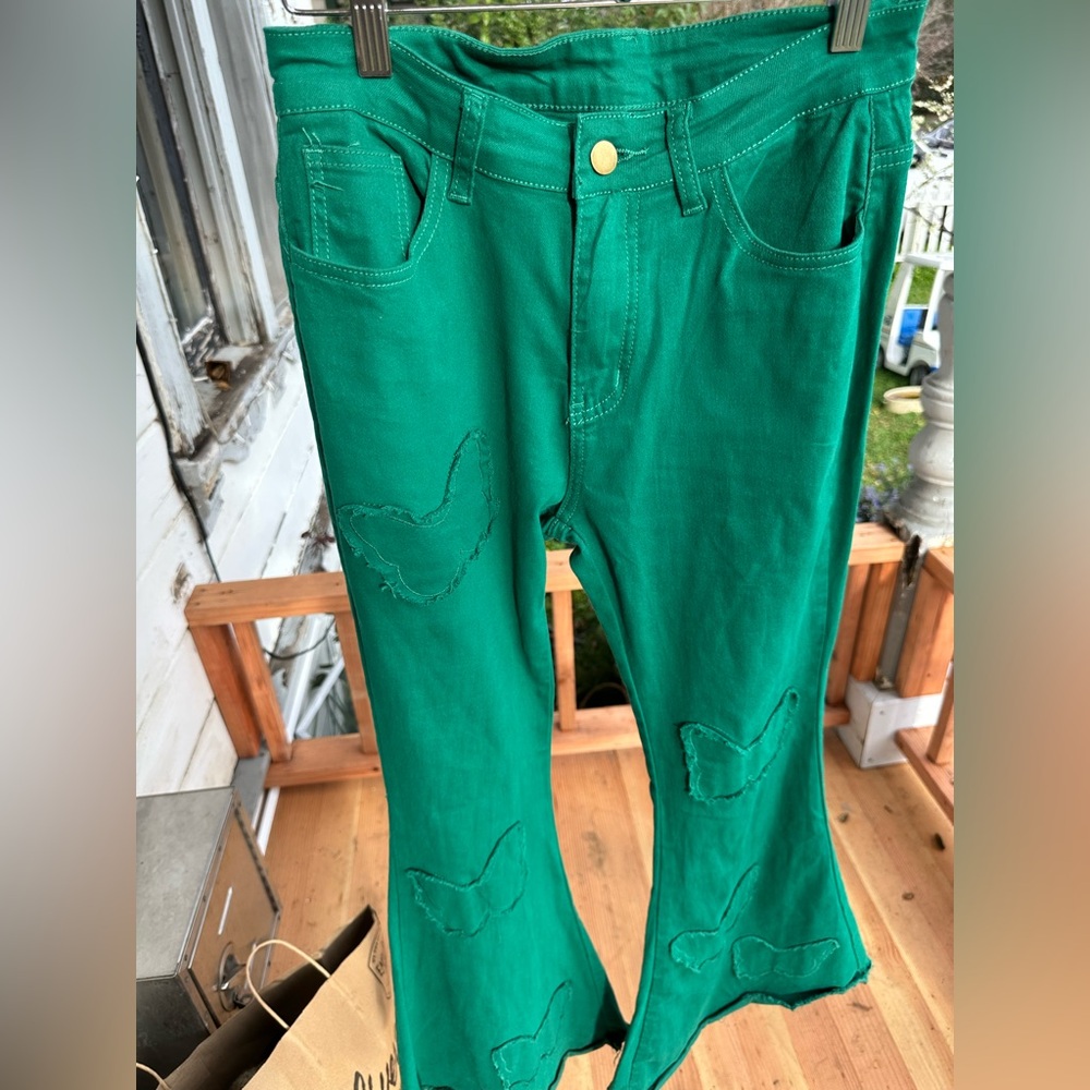 Green flare Jeans with Butterfly Design size M stretchy no brand